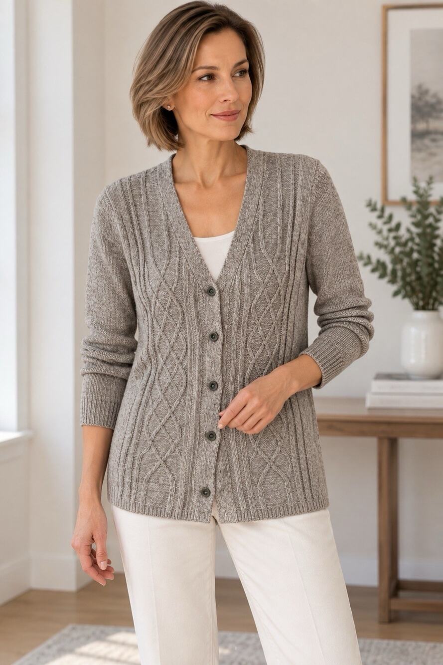 Karen Scott Womens PM Petite Taupe Brown Cream Marled Cable Knit Cardigan